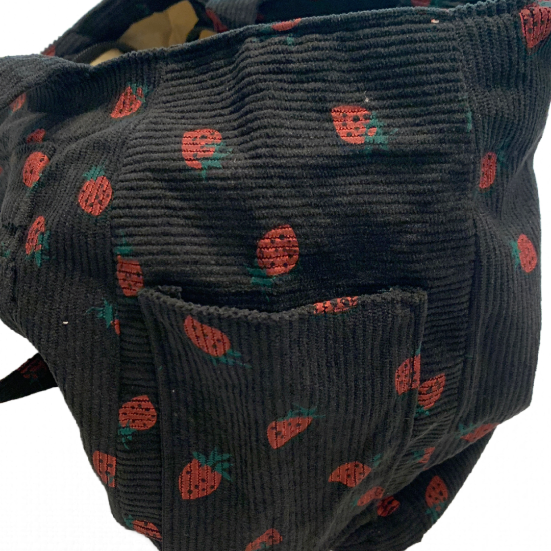 Black Corduroy Zipper Front Tote Bag Strawberry Pattern Shoulder Bag Purse New