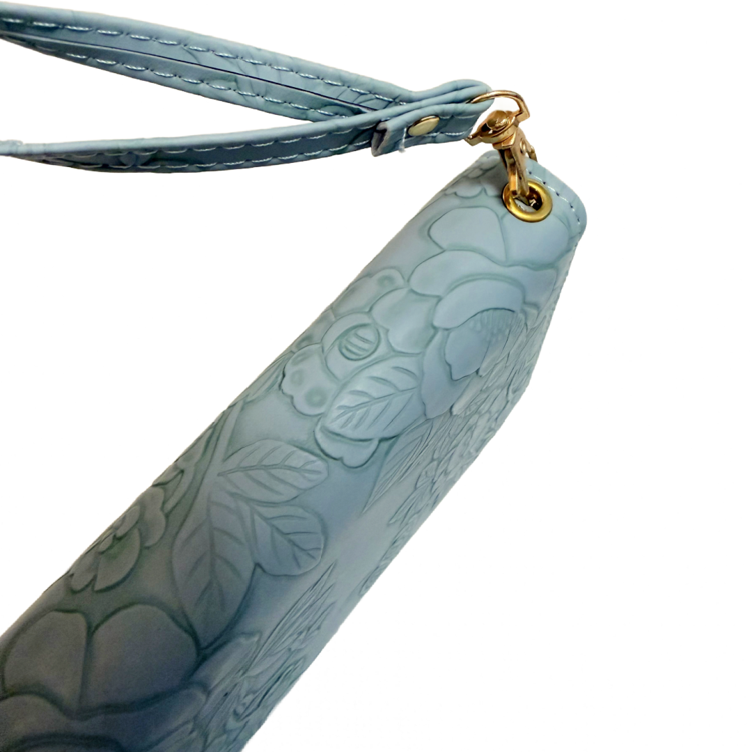 Slate Blue 7.5" Faux Leather Embossed Floral Wallet Wrist Strap Zipper New