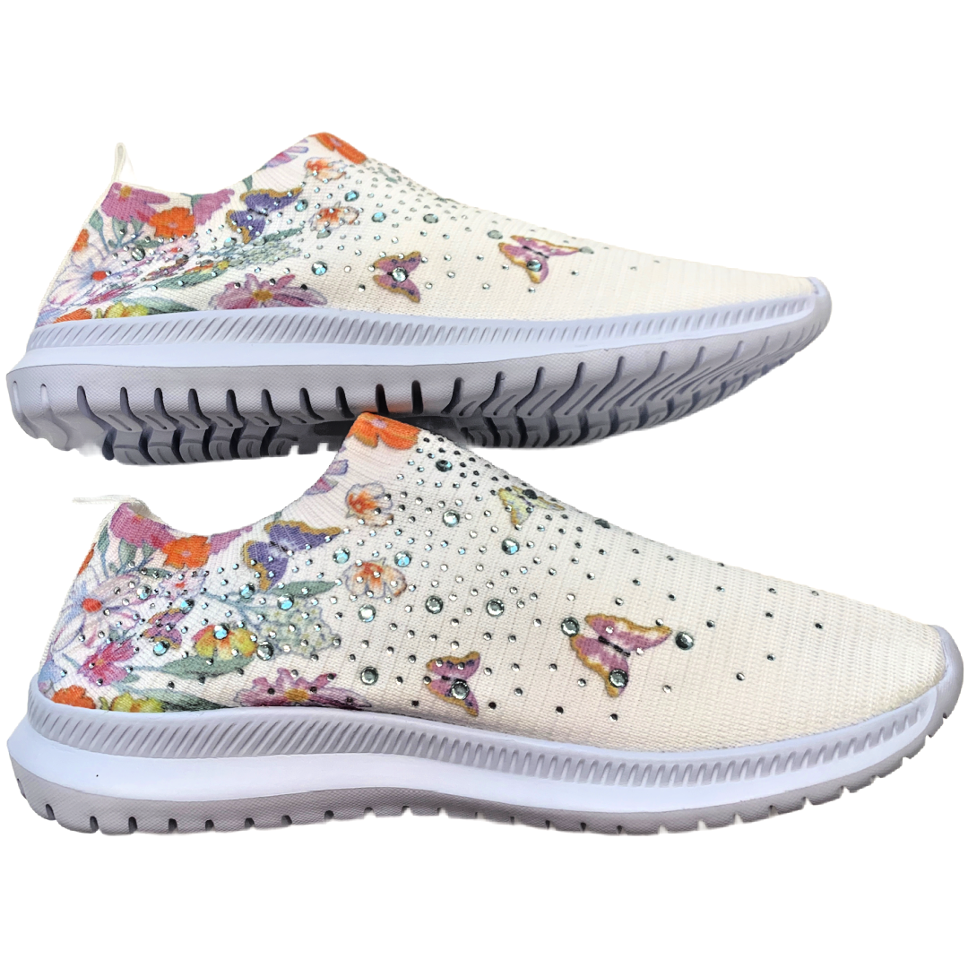 Women's Floral Rhinestone Knit Slip-On Sneakers Size 10.5 Colorful Shoes NWOT