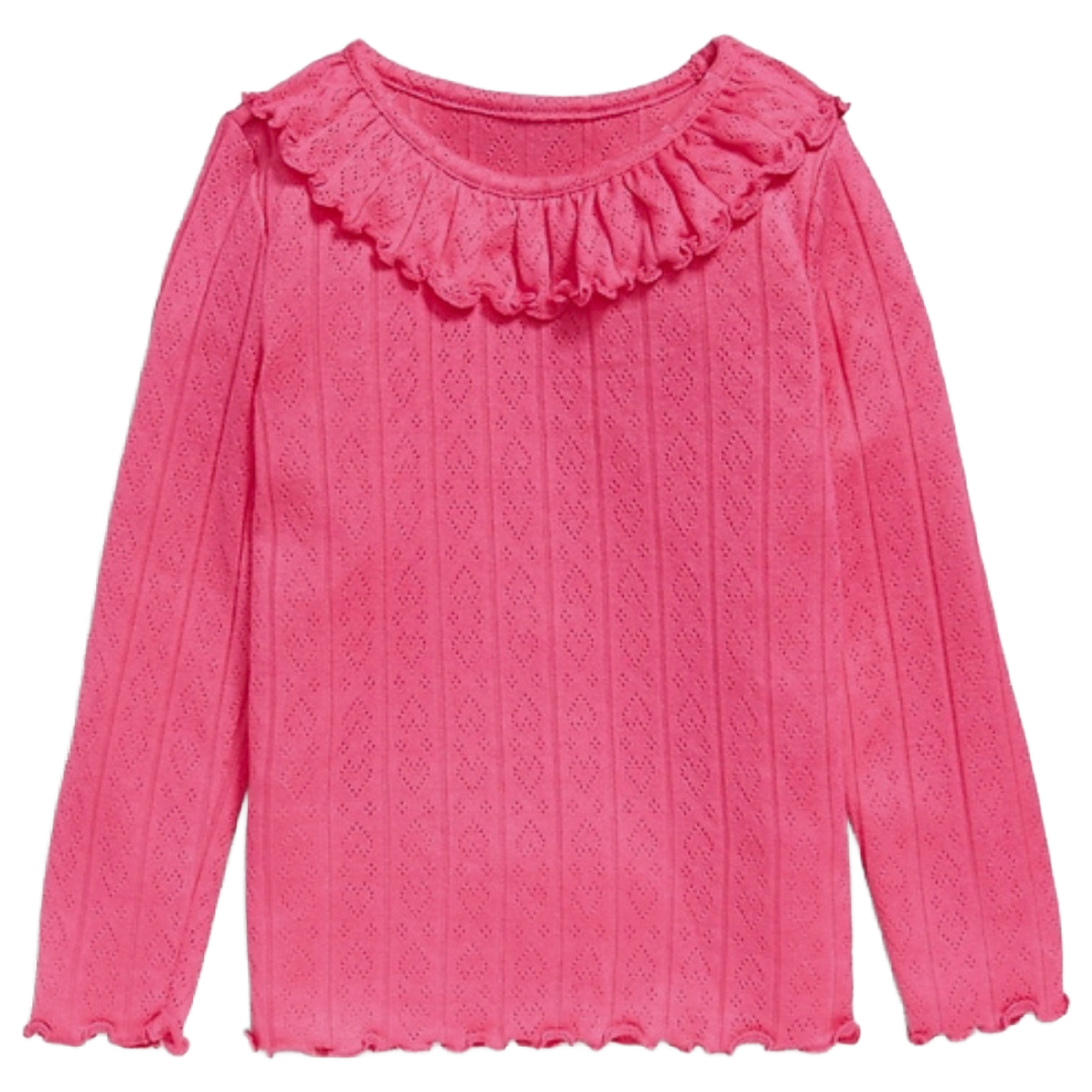 Ruffle-Trim Pointelle-Knit Top Pink Shirt Toddler Size Long Sleeve NWT
