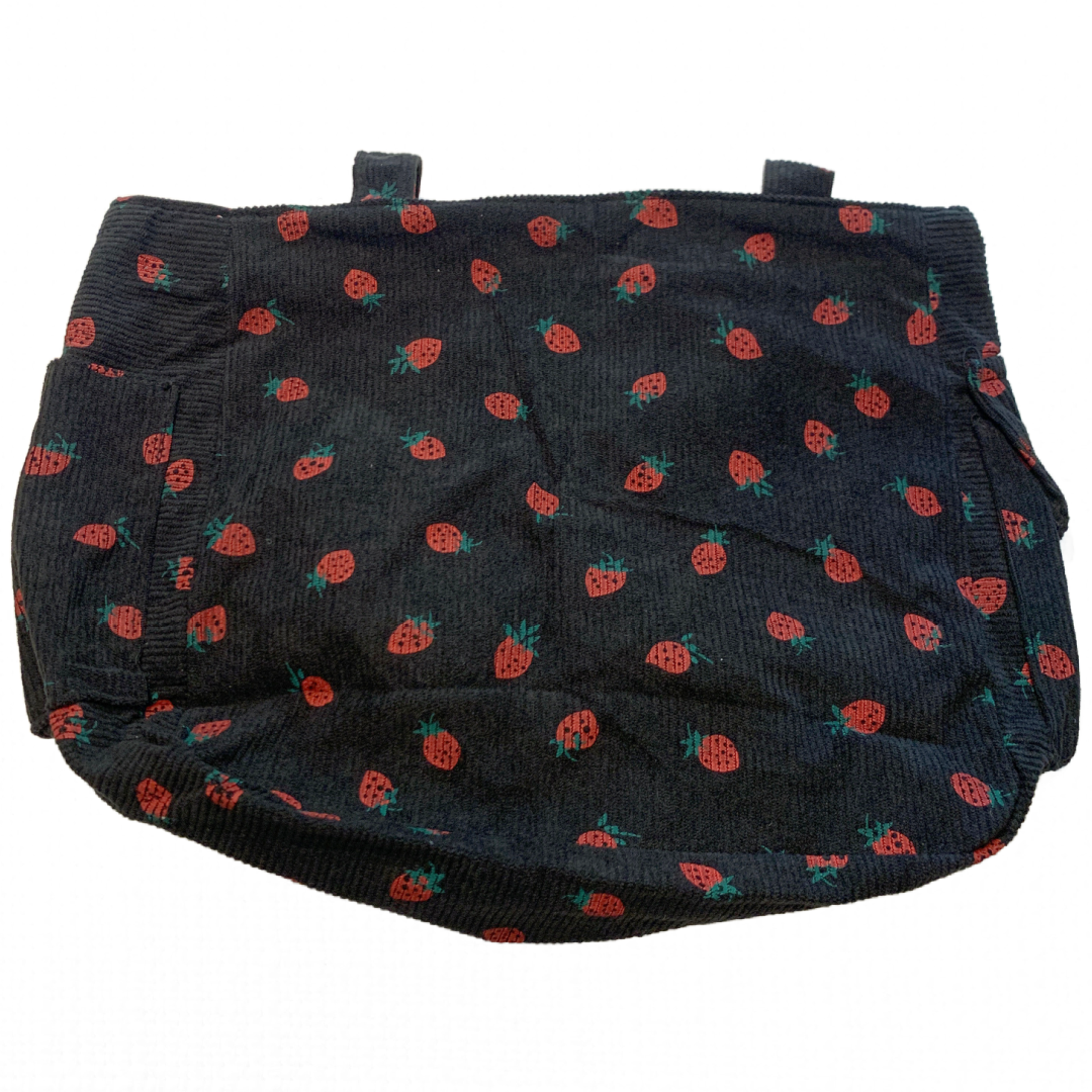 Black Corduroy Zipper Front Tote Bag Strawberry Pattern Shoulder Bag Purse New