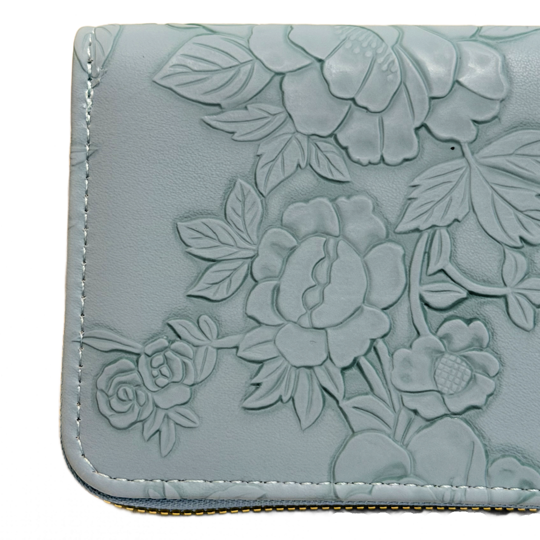 Slate Blue 7.5" Faux Leather Embossed Floral Wallet Wrist Strap Zipper New