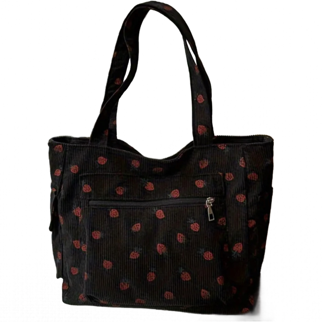 Black Corduroy Zipper Front Tote Bag Strawberry Pattern Shoulder Bag Purse New