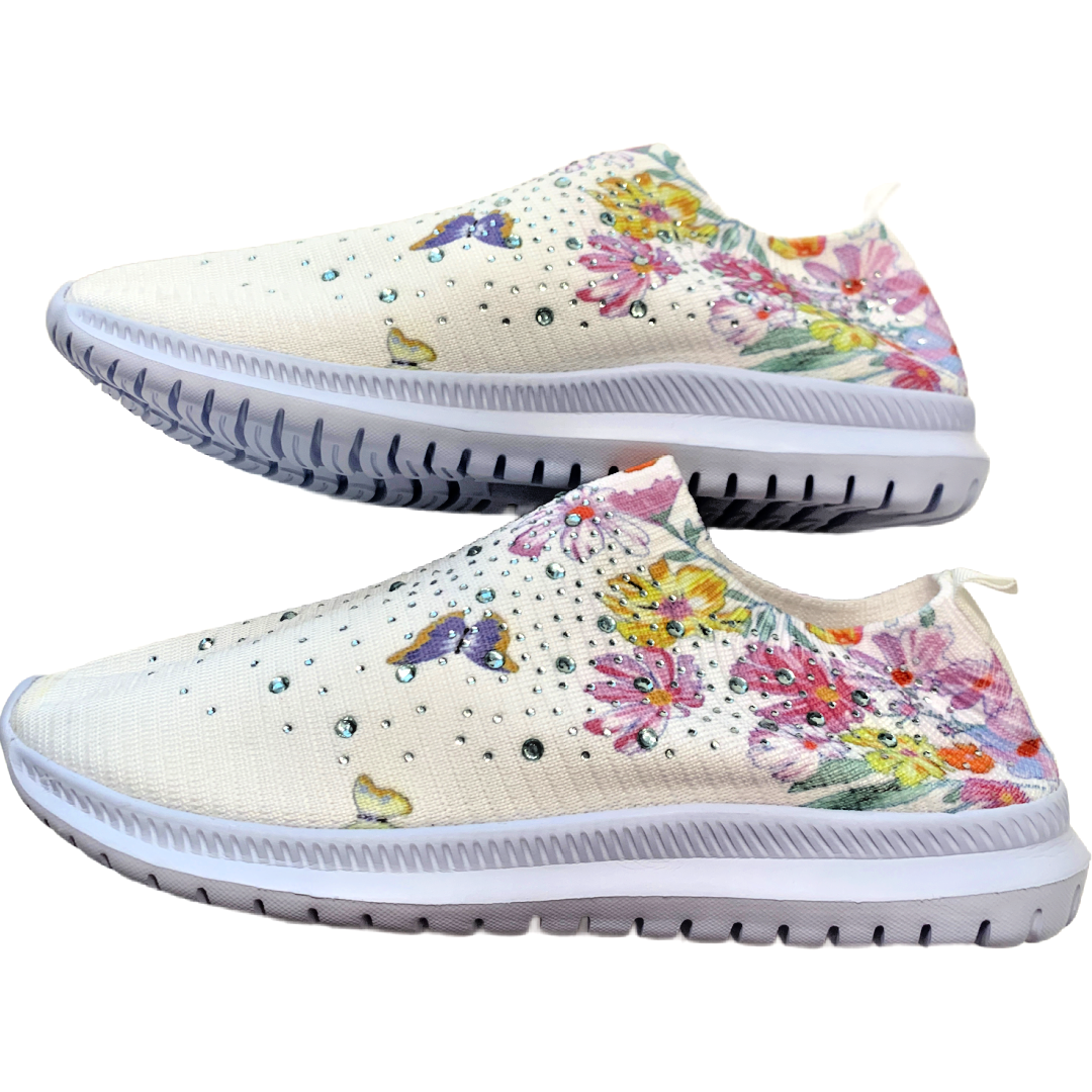 Women's Floral Rhinestone Knit Slip-On Sneakers Size 10.5 Colorful Shoes NWOT