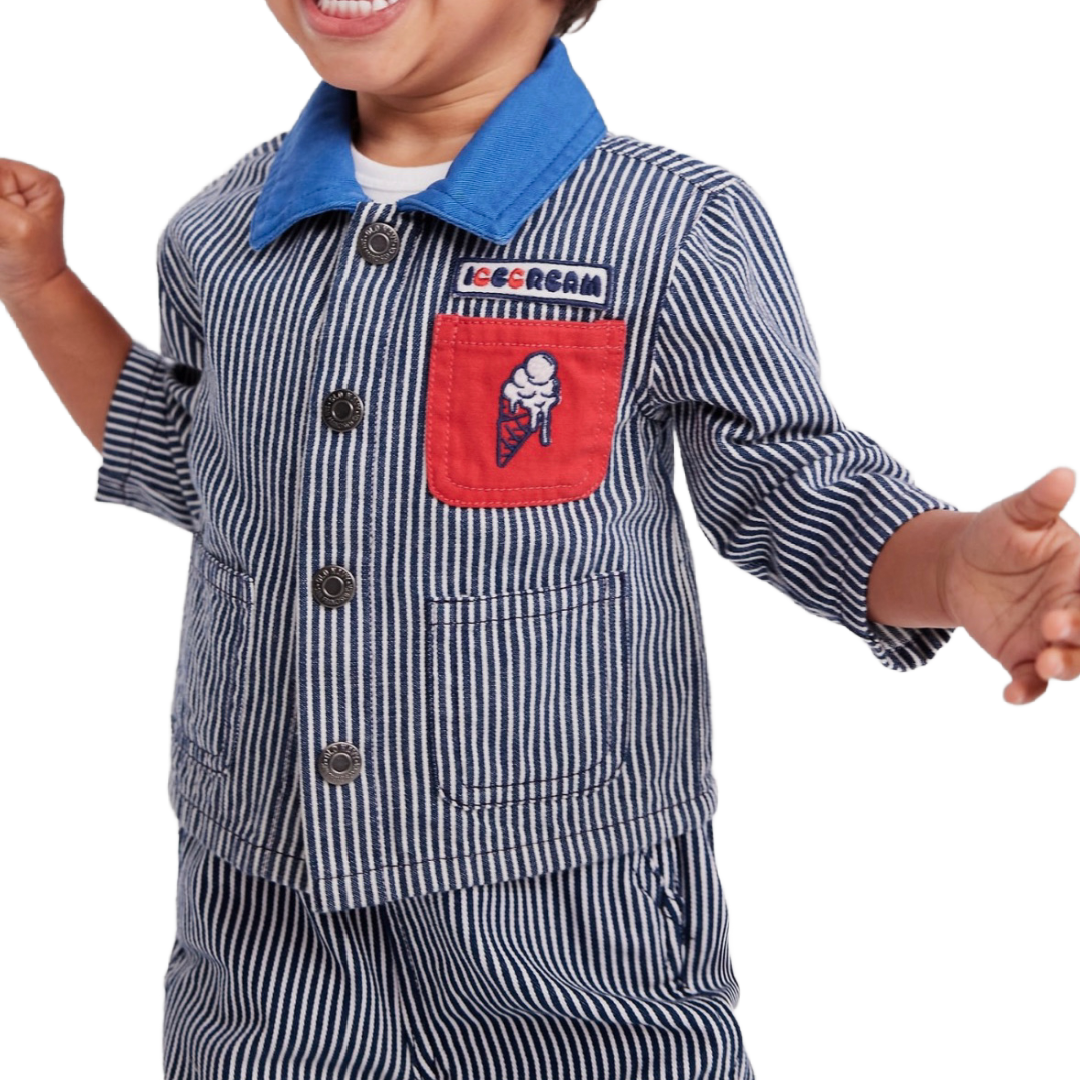 Railroad Stripe Twill Snap Jacket Baby Loose Collared Ice Cream Pocket NWT