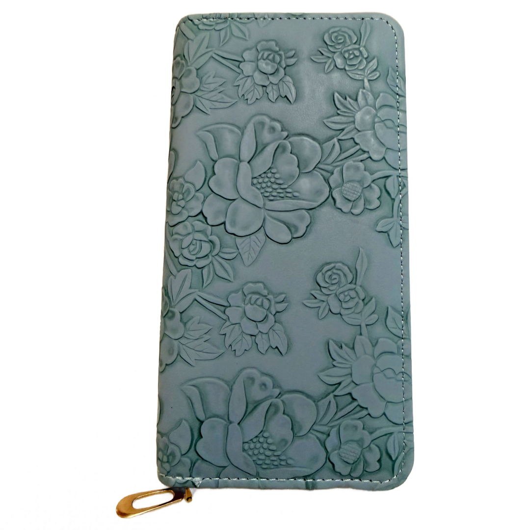 Slate Blue 7.5" Faux Leather Embossed Floral Wallet Wrist Strap Zipper New