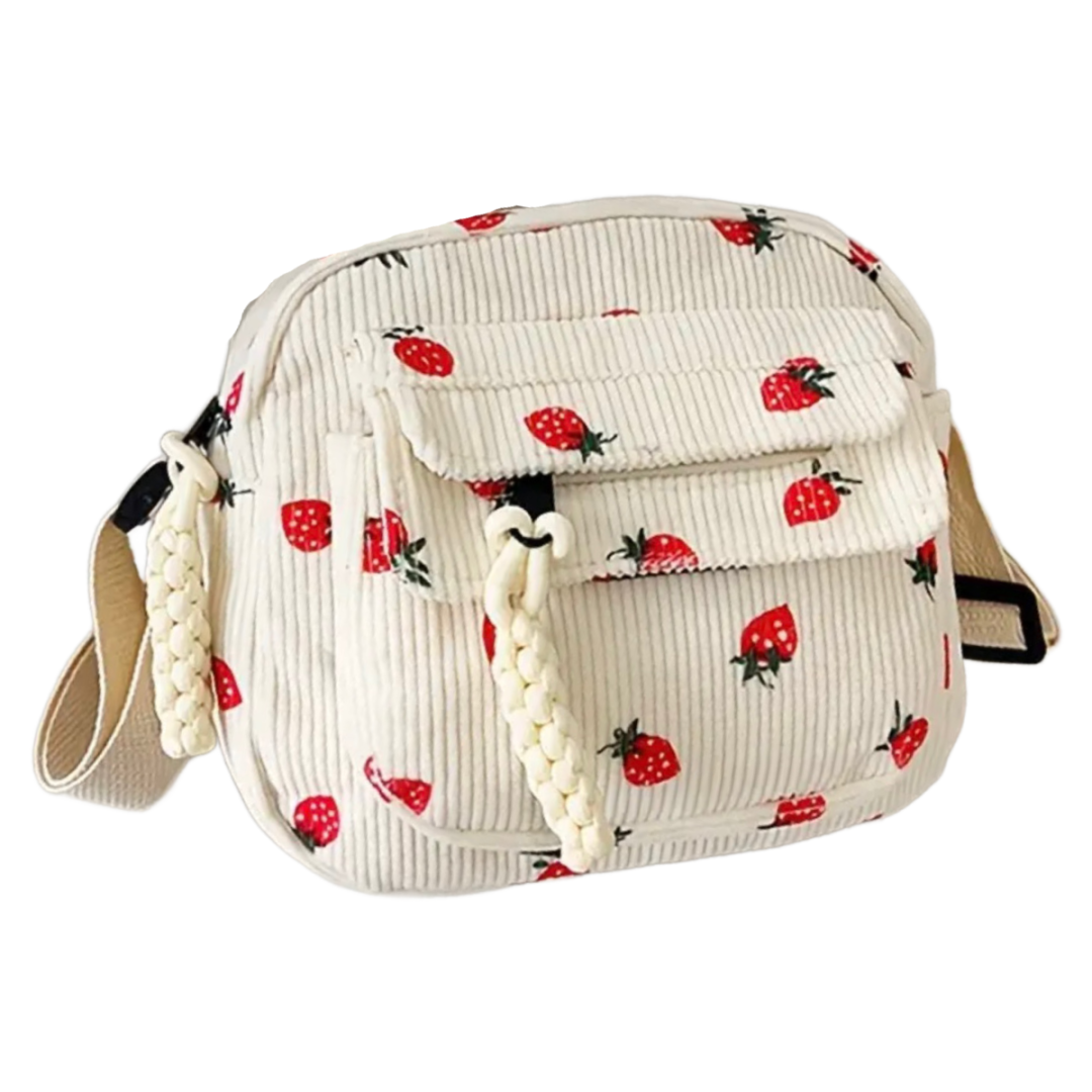 Small Corduroy Strawberry Print Shoulder Hand Bag Purse Crossbody New