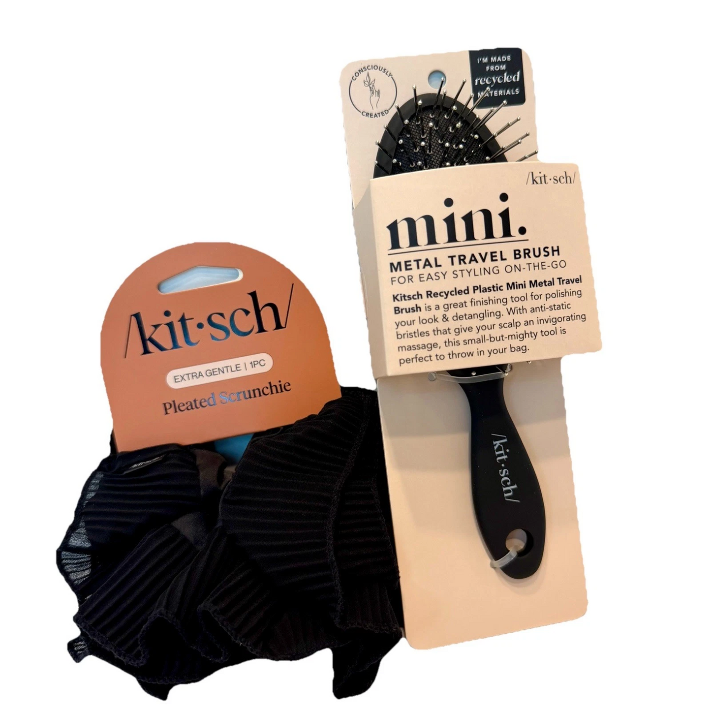 Kit•sch Mini Metal Travel Brush & Pleated Scrunchie Extra Gentle New 2pc Lot