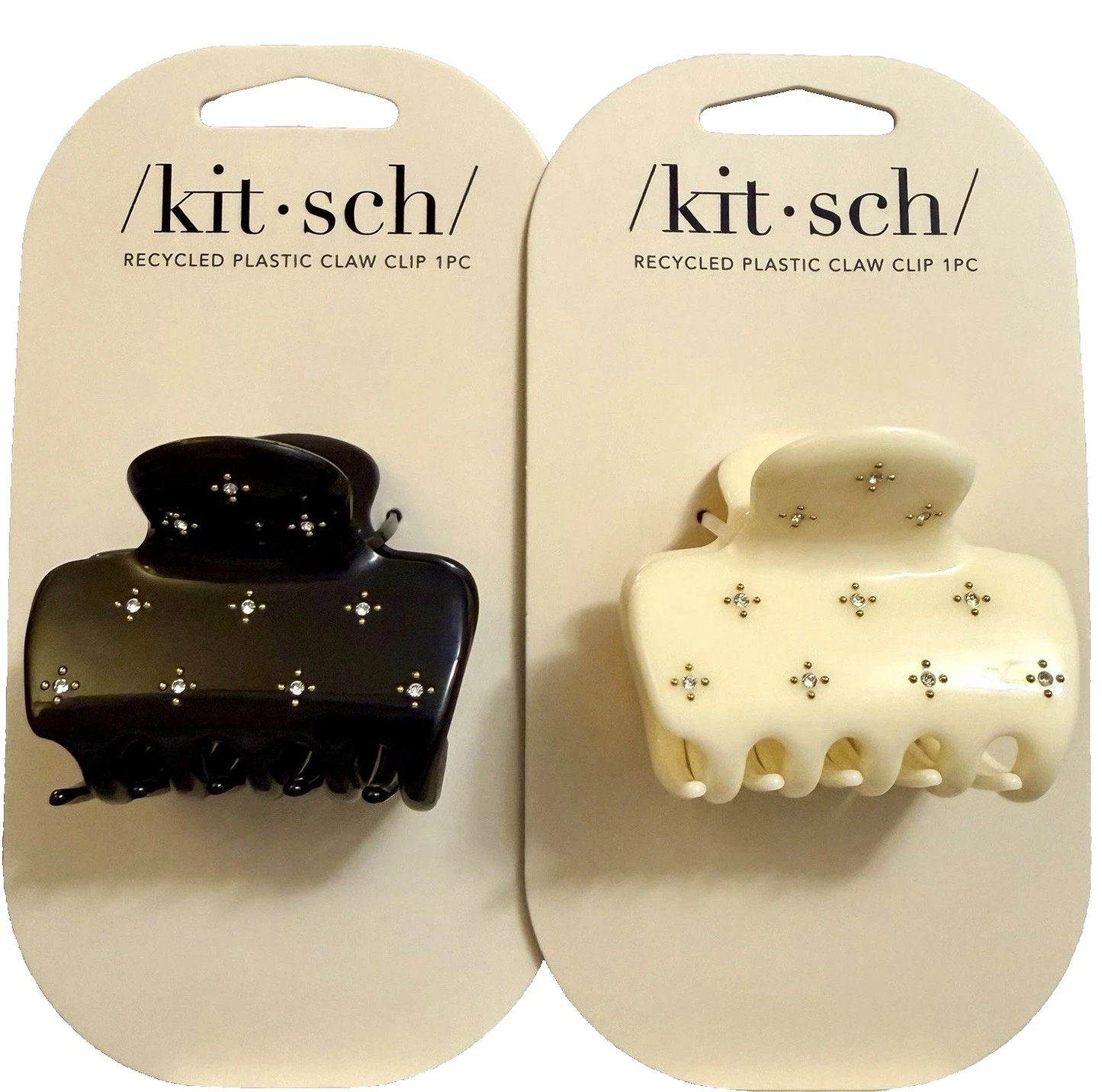 Kit•sch Medium Black & Ivory Rhinestone Gold Studs Cloud Claw Clip 2pc New Lot