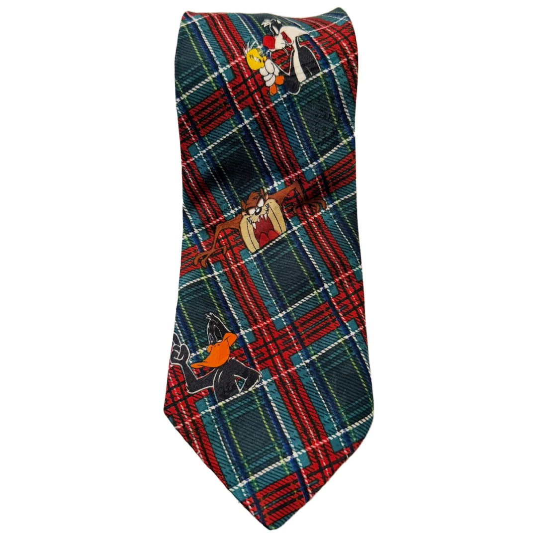 Looney Tunes Mania '94 VTG Mens Tie Plaid Bugs Bunny Tweedy Sylvester Daffy Taz