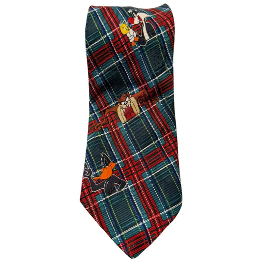 Looney Tunes Mania '94 VTG Mens Tie Plaid Bugs Bunny Tweedy Sylvester Daffy Taz