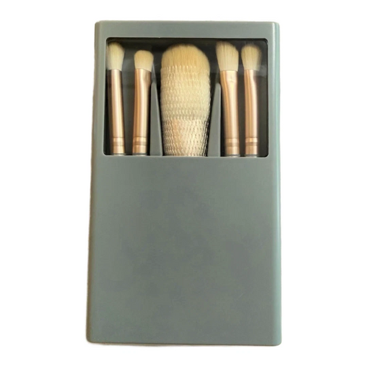 5-Piece Professional Makeup Brush Set with Mirror & Gray Travel Case New