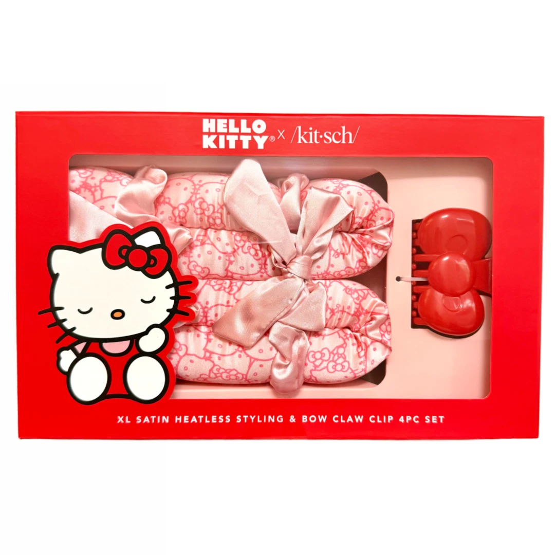 Hello Kitty x Kit•sch XL Satin Heatless Styling & Red Bow Claw Clip 4pc Set NEW