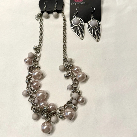 Gray Beaded Mixed Custom Jewelry Lot of Necklace & 2 Pair of Dangle Earrings NEW