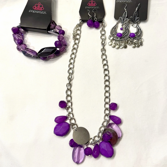 Purple Beaded Mixed Custom Jewelry Lot Necklace 2 Bracelets 2 Earrings NEW