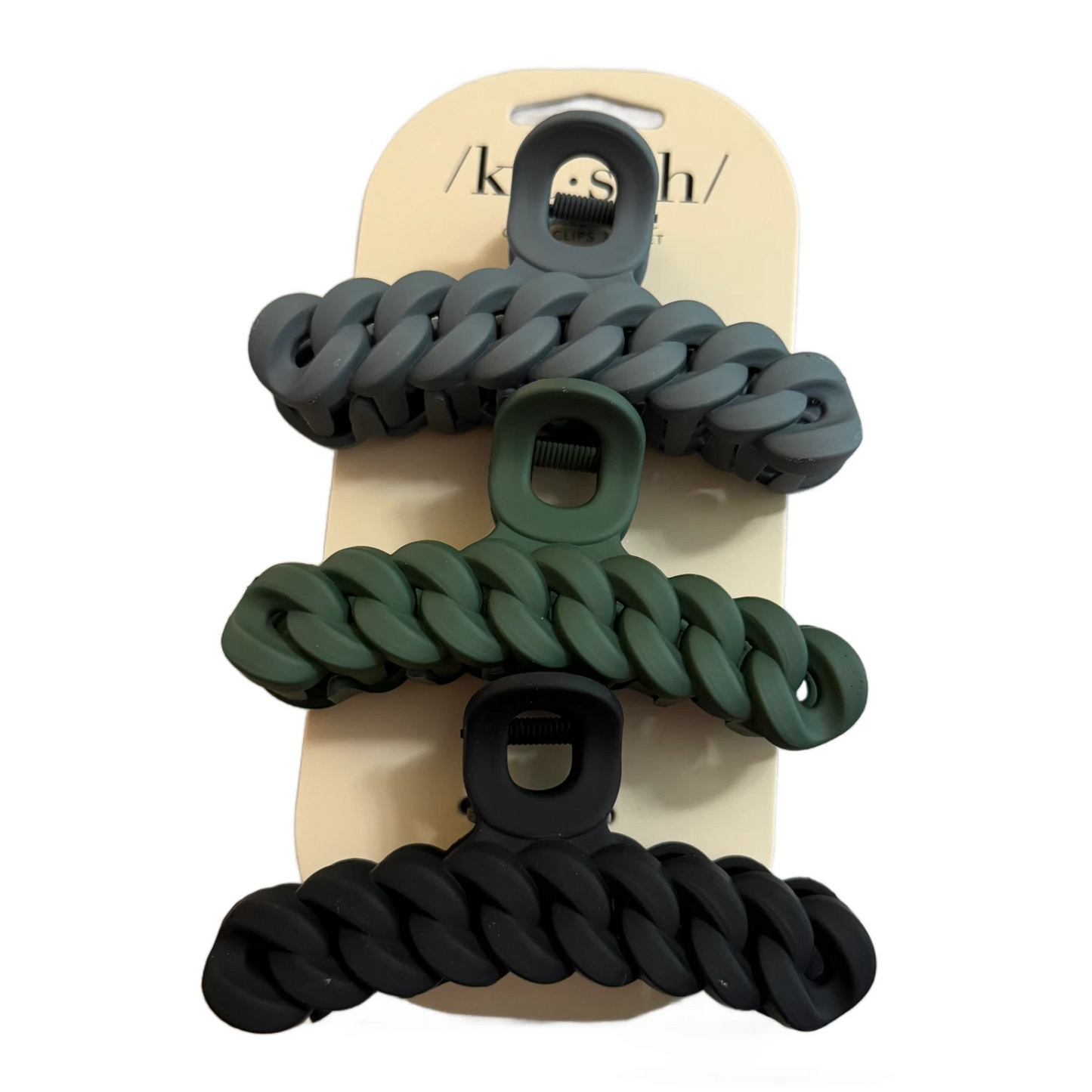 Kitsch Chain Claw Hair Clips 3pc Set Black, Moss Green and Blue New