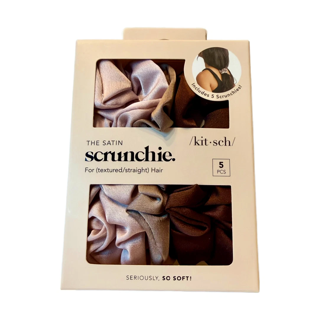 Kit•sch Cameo Satin Sleep Scrunchies 5pc Set Brown Neutral NIB