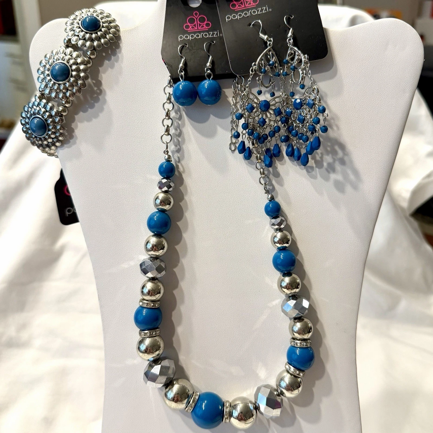 Blue Mixed Custom Jewelry Lot Necklace, Bracelet & 2 Pair of Earrings NEW
