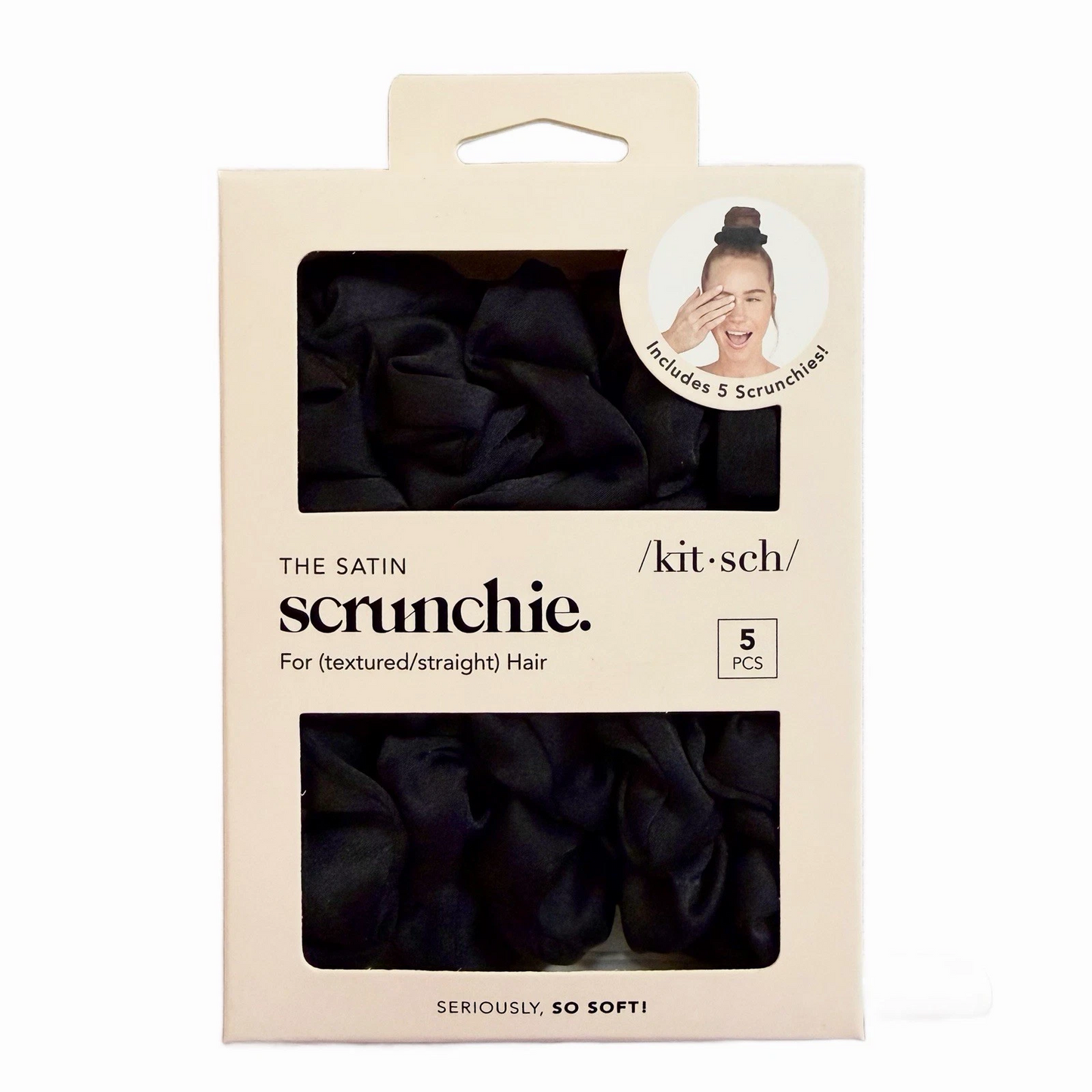 Kitsch Satin Sleep Scrunchies 5pc Set All Black NIB