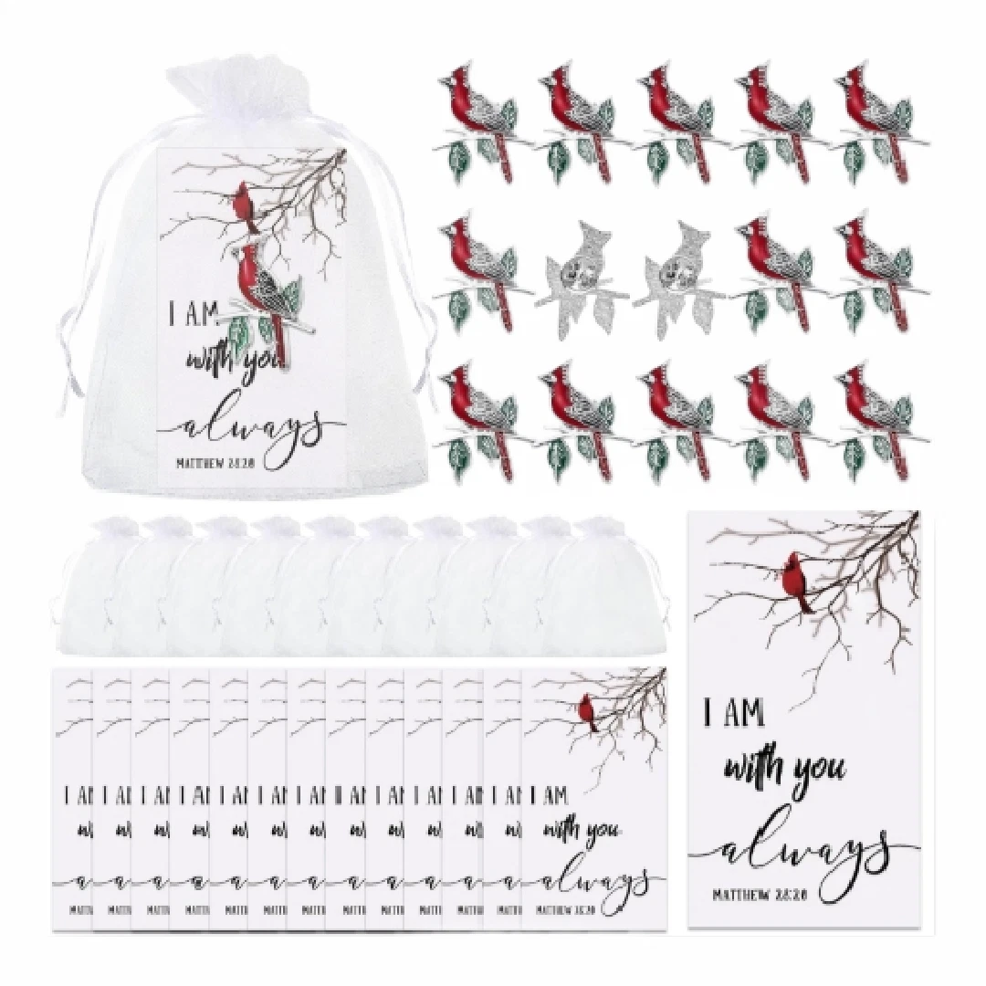 150 Pcs Cardinal Pin Sets Include Bird Brooch, Memorial Cards & Organza Bags NEW