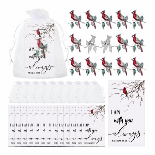 150 Pcs Cardinal Pin Sets Include Bird Brooch, Memorial Cards & Organza Bags NEW