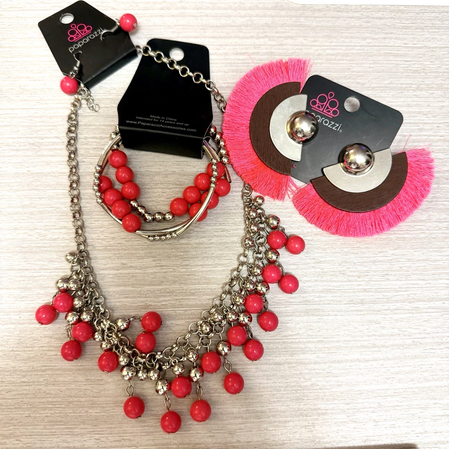 Hot Pink Custom Mixed Jewelry Lot Necklace, Bracelet & 2 Pair of Earrings NEW