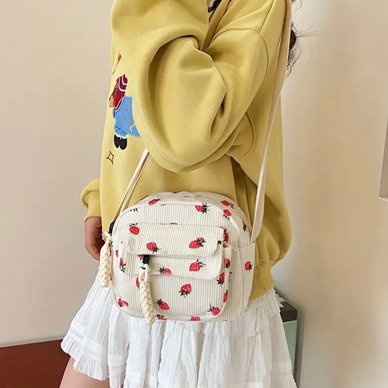 Small Corduroy Strawberry Print Shoulder Hand Bag Purse Crossbody New