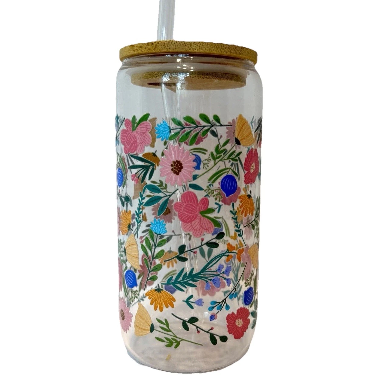 Floral Spring Flower Garden Glass 16 oz Tumber with Bamboo Lid & Matching Straw