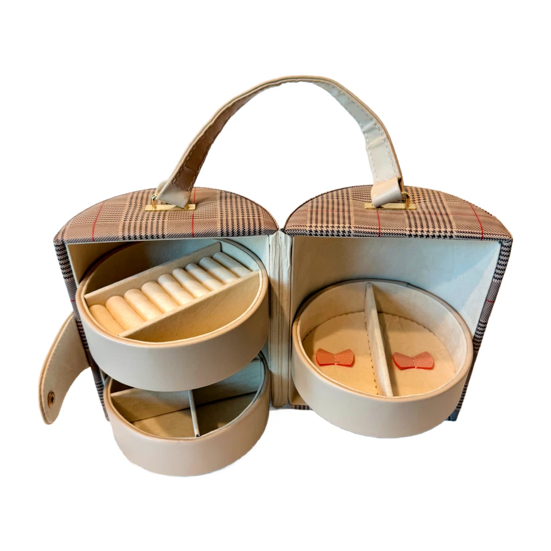 Longjet Travel Jewelry Organizer Portable Roll 3-Tiered Storage Brown Checker