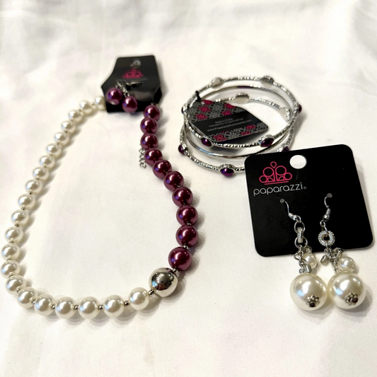Purple Faux Pearl Custom Mixed Jewelry Necklace Bangle Bracelets Earrings NEW