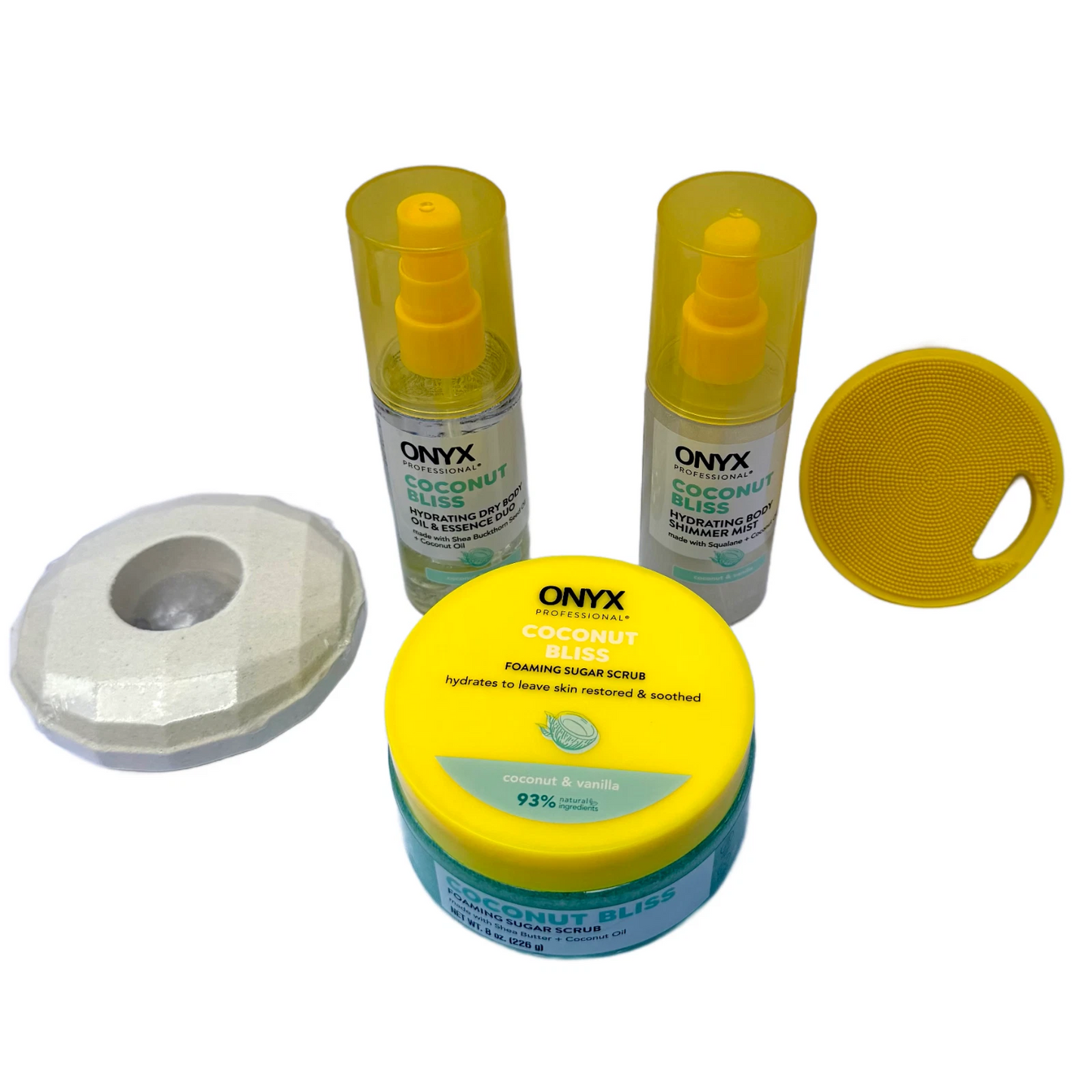 ONYX Coconut Bliss 5pc Set NEW Sugar Scrub, Body Oil, Bath Bomb, Hydrate Mist