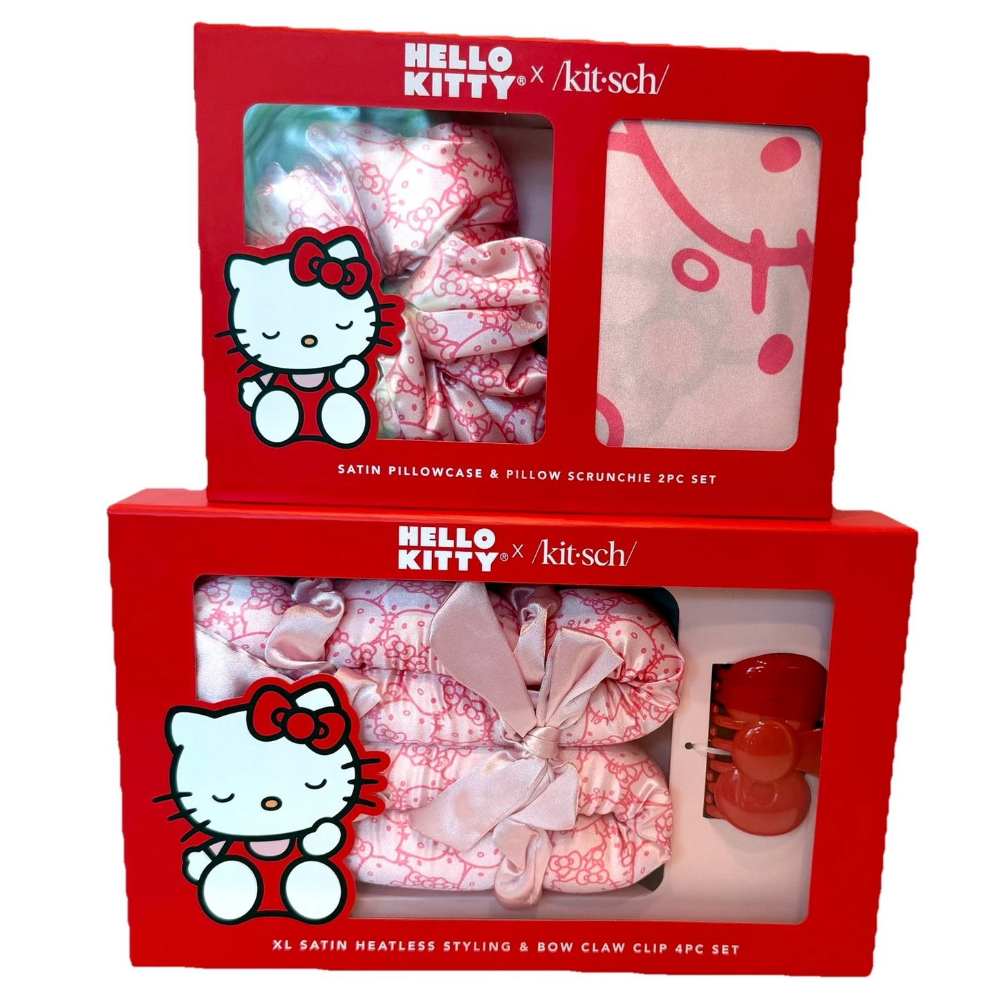 Hello Kitty x Kit•sch Lot 2 Sets Satin Pillow, Heatless Styling, Scrunchie, Claw