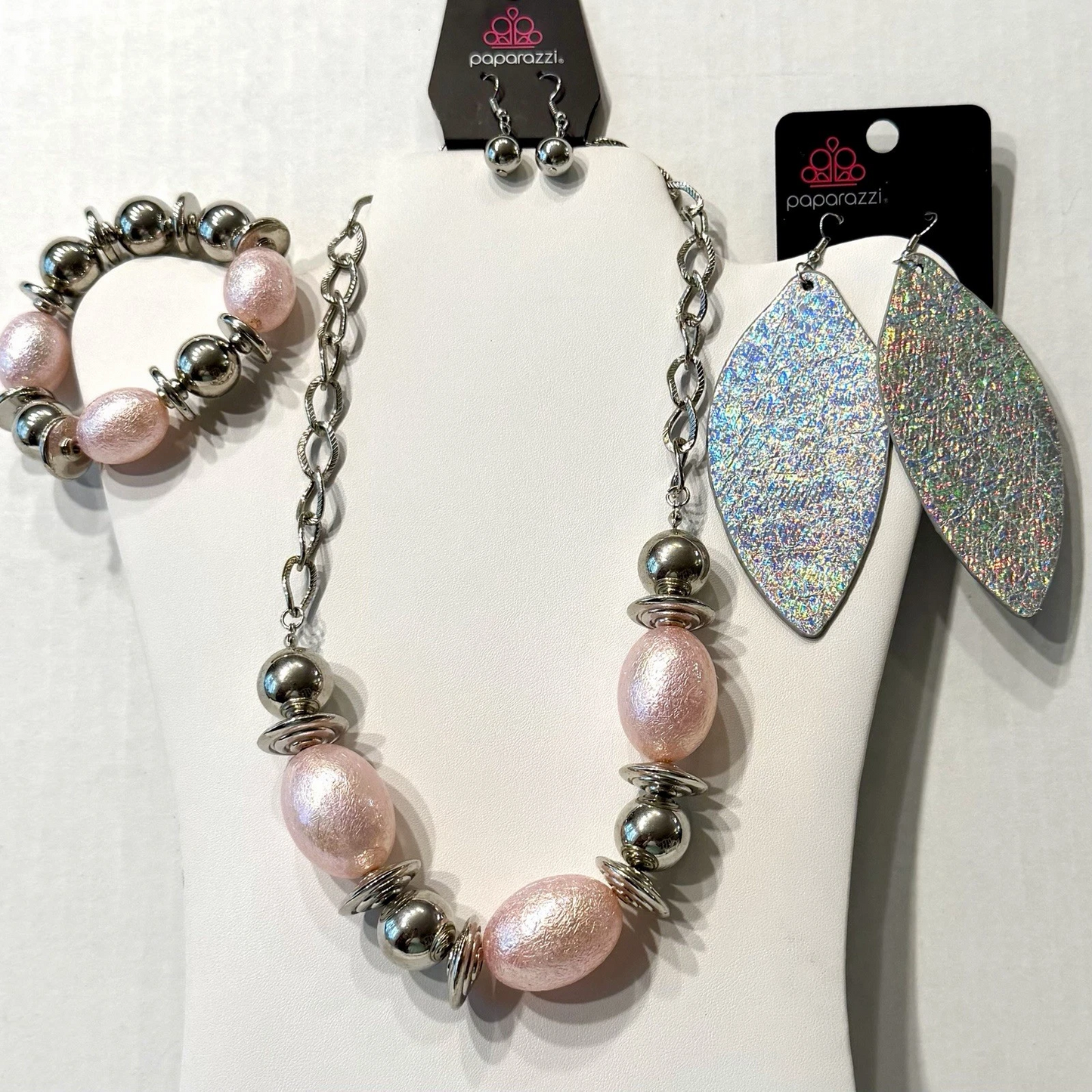 Chunky Iridescent Pink Custom Jewelry Mixed Lot Necklace Bracelet 2 Earrings NEW