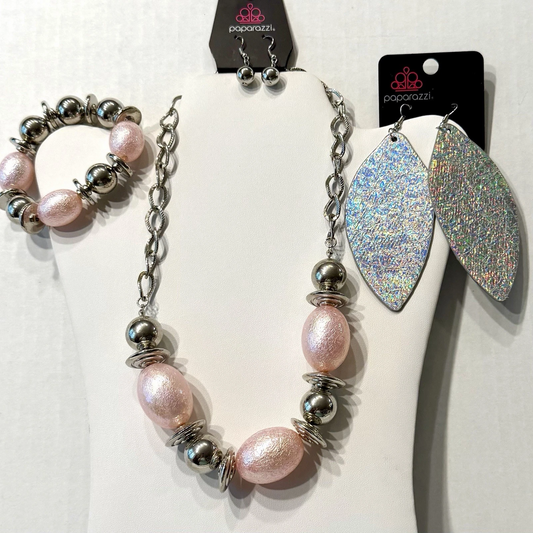 Chunky Iridescent Pink Custom Jewelry Mixed Lot Necklace Bracelet 2 Earrings NEW