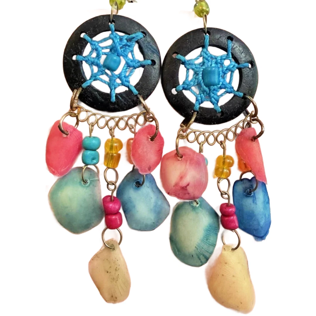 Bohemian Handmade Seashell Dream Catcher Dangle Earrings Boho Fishhook