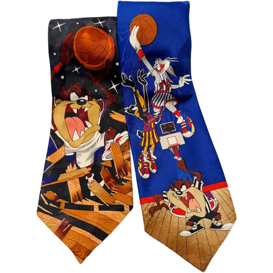 Looney Tunes Mania '96 VTG Mens Tie Lot 2x BASKETBALL Bugs Bunny Daffy Tasmanian