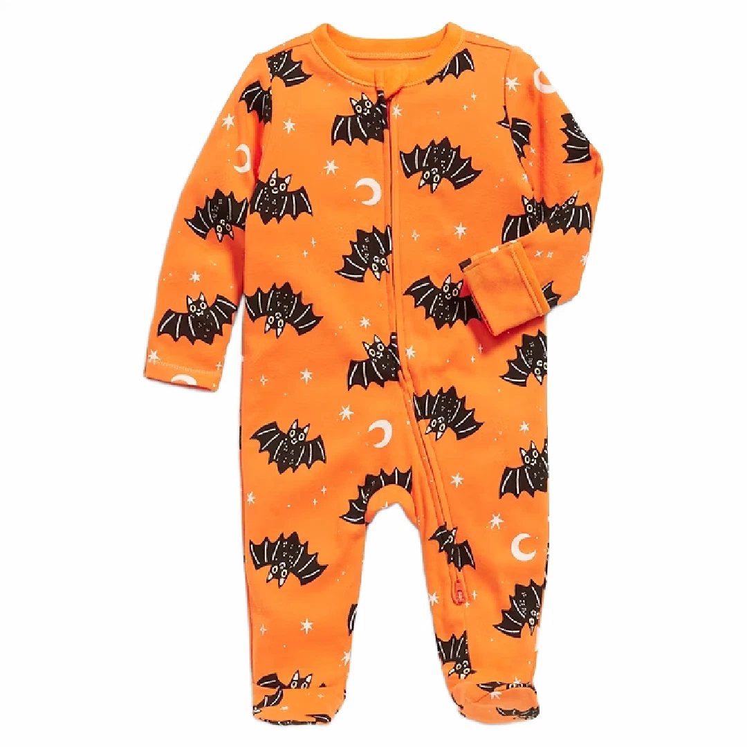 Halloween Baby Zip Sleep & Play PJs Orange Black Bats 0-3 Months Long Sleeve NWT