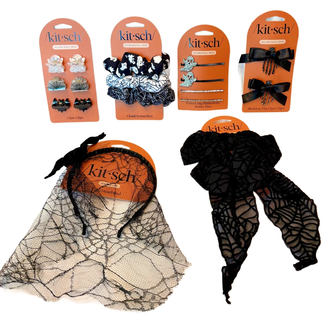 Kit•sch New Lot of 6 Sets Black Hair Barrettes, Clips & Scrunchies Spider Ghost