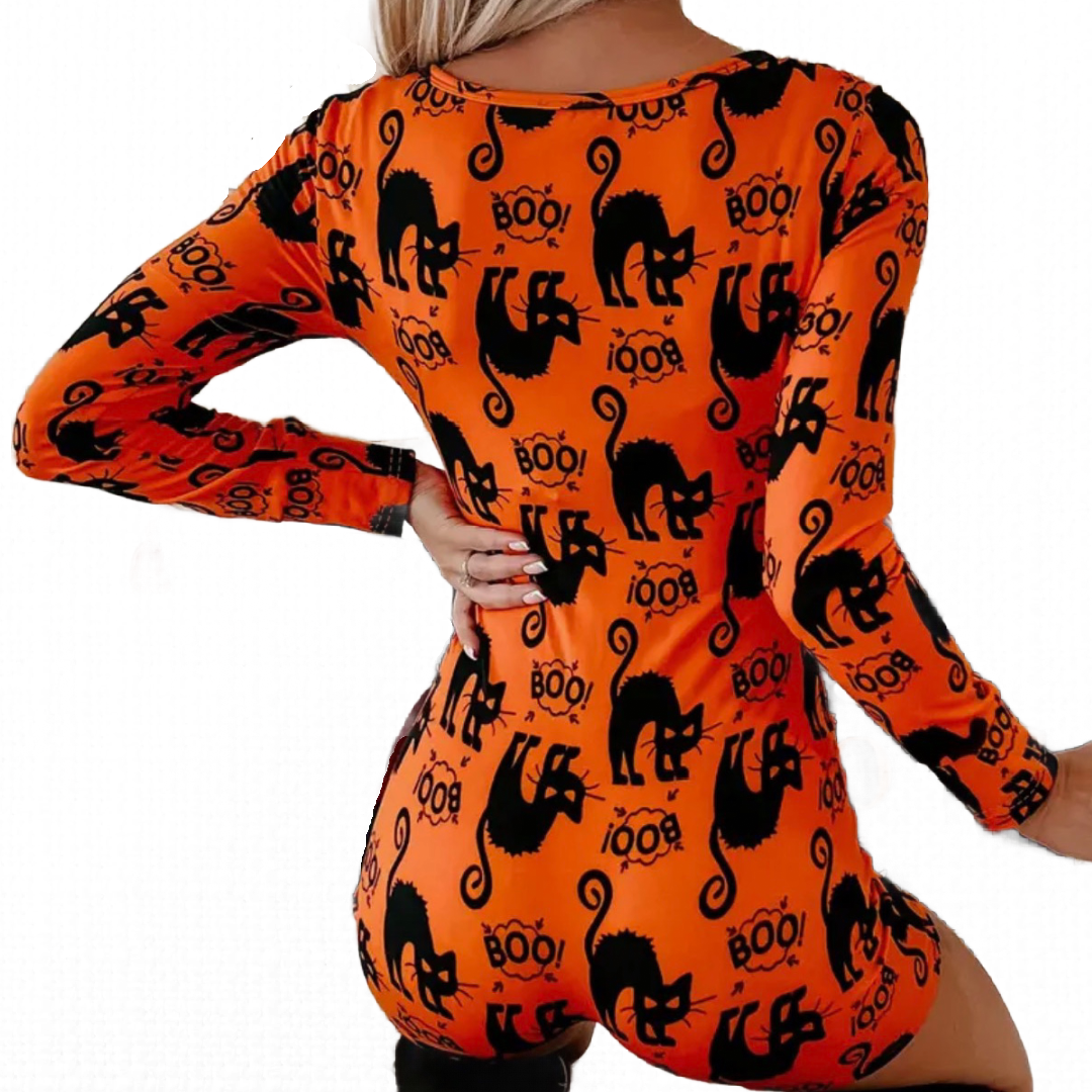 Halloween BOO Black Cat Bodysuit Loungewear PJ V-Neck Jumpsuit Size XL / 12