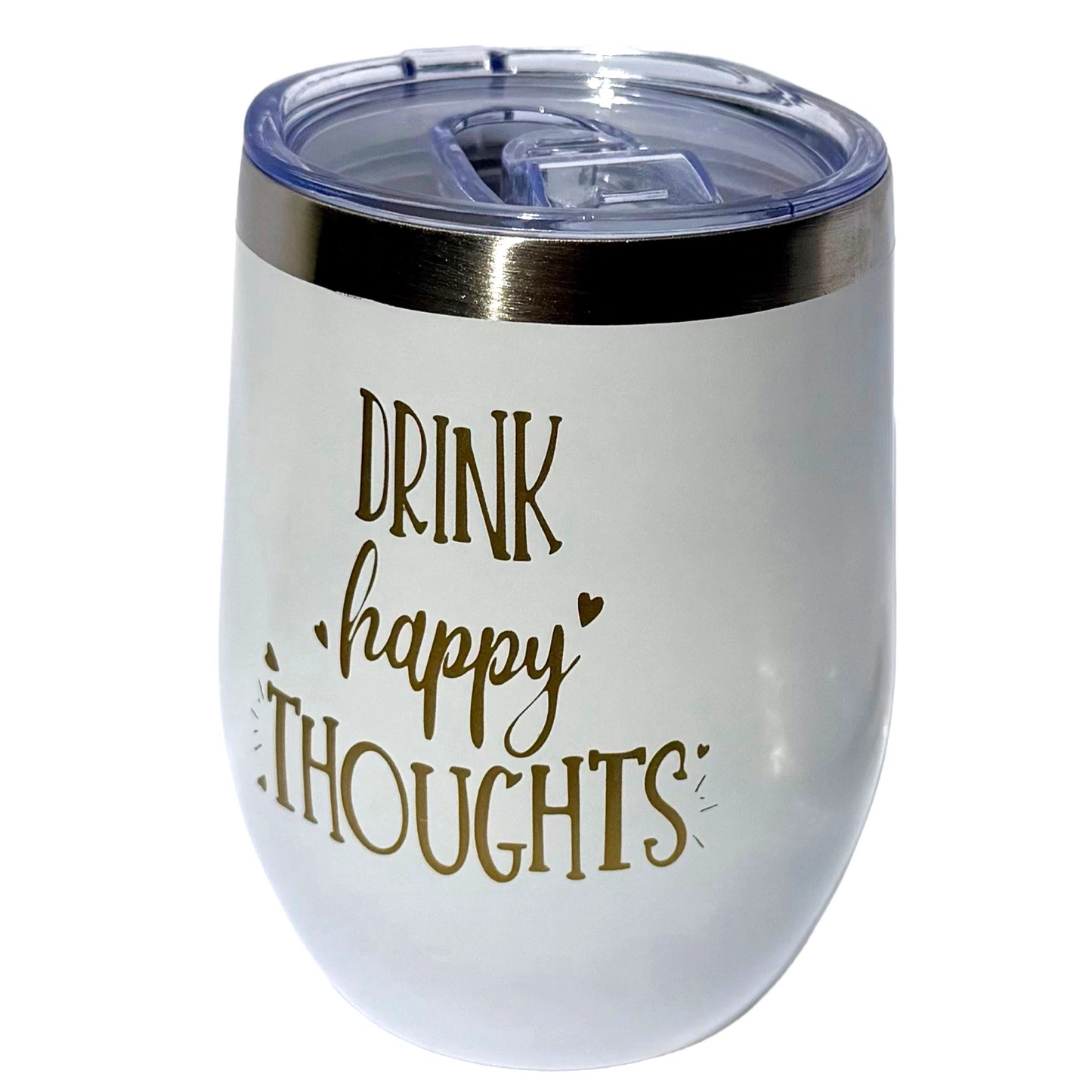 Drink Happy Thoughts Insulated Wine 16 oz Tumbler w/ Lid & Straw Stainless Steal