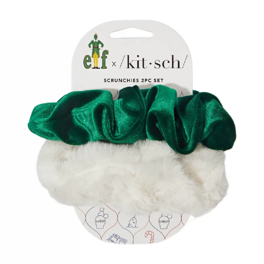 Kit•sch x elf 2pc Hair Scrunchie Set Green Velvet & White Faux Fur NEW