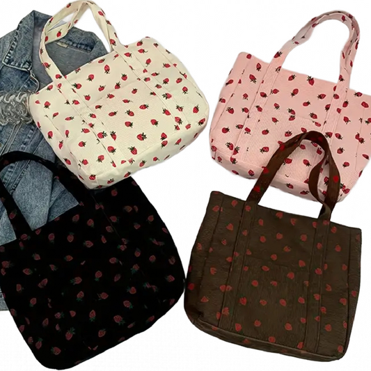 Corduroy Tote Bag Strawberry Pattern Large 13"x12" Shoulder Bag Purse New