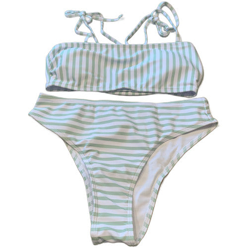 High Cut Green Stripe Bikini Swim Wear Size Small Bow Tie Shoulder 2 Pc Swimsuit