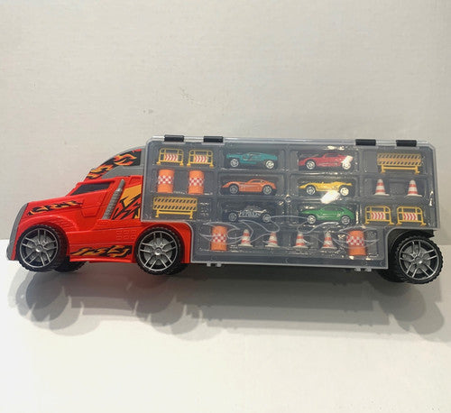 Kids Transport Car Carrier Truck Toy, 6 Die-Cast Vehicles & Road Accessories New