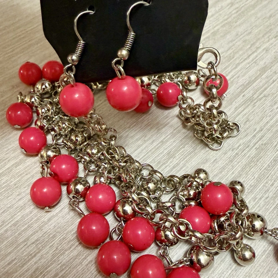 Hot Pink Custom Mixed Jewelry Lot Necklace, Bracelet & 2 Pair of Earrings NEW