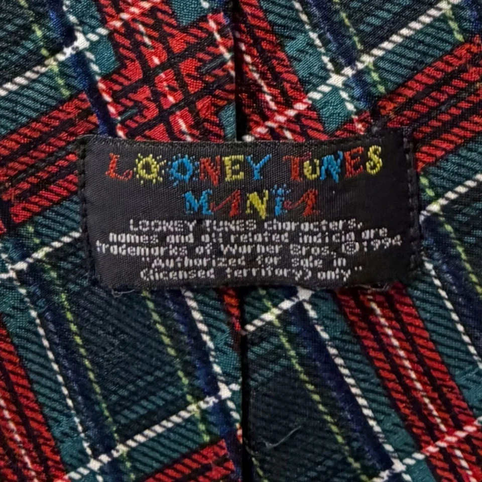 Looney Tunes Mania '94 VTG Mens Tie Plaid Bugs Bunny Tweedy Sylvester Daffy Taz