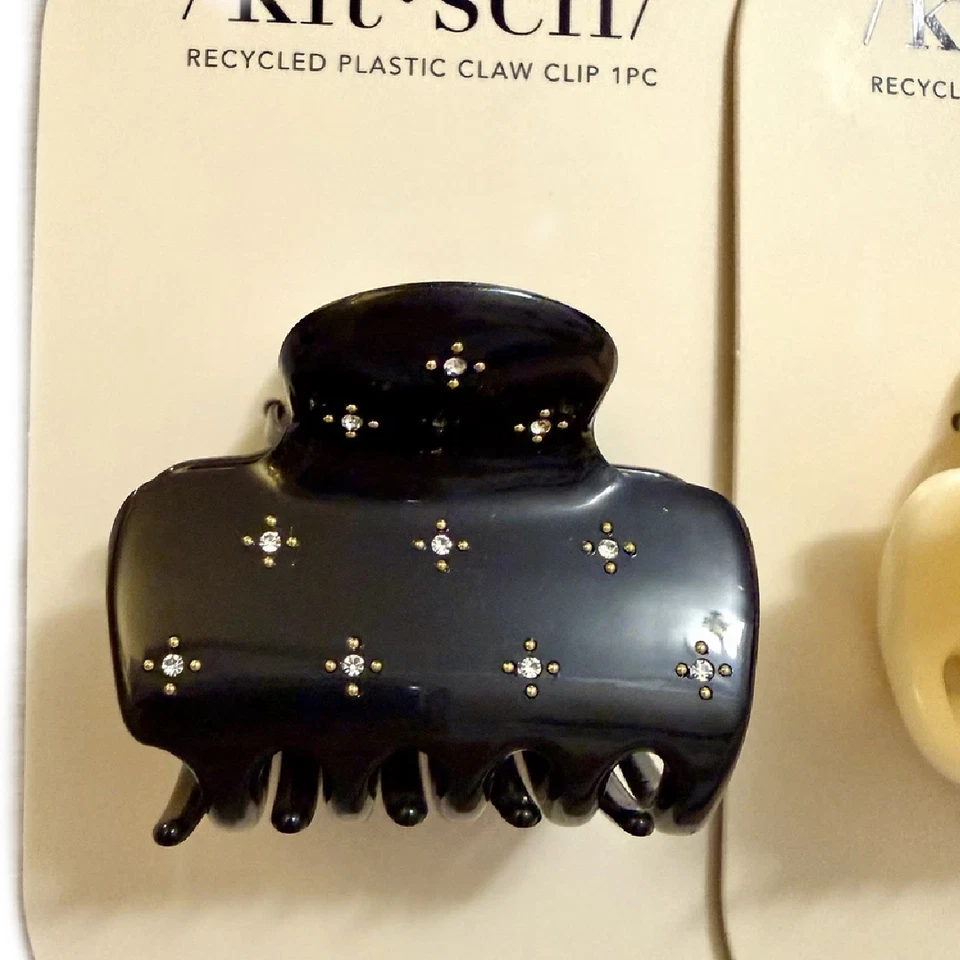 Kit•sch Medium Black & Ivory Rhinestone Gold Studs Cloud Claw Clip 2pc New Lot