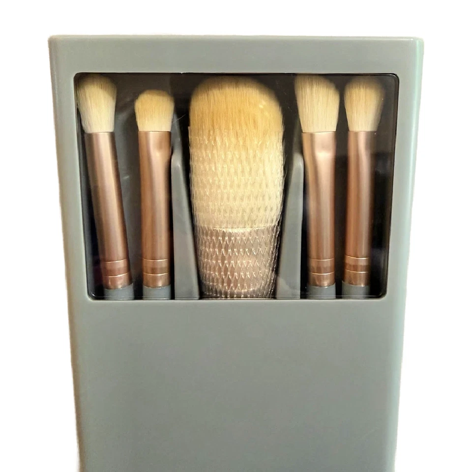 5-Piece Professional Makeup Brush Set with Mirror & Gray Travel Case New