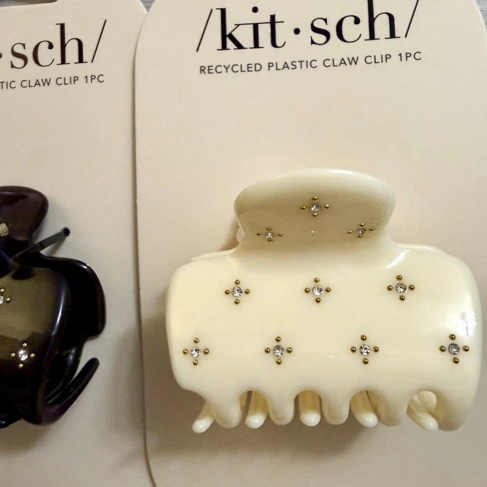 Kit•sch Medium Black & Ivory Rhinestone Gold Studs Cloud Claw Clip 2pc New Lot
