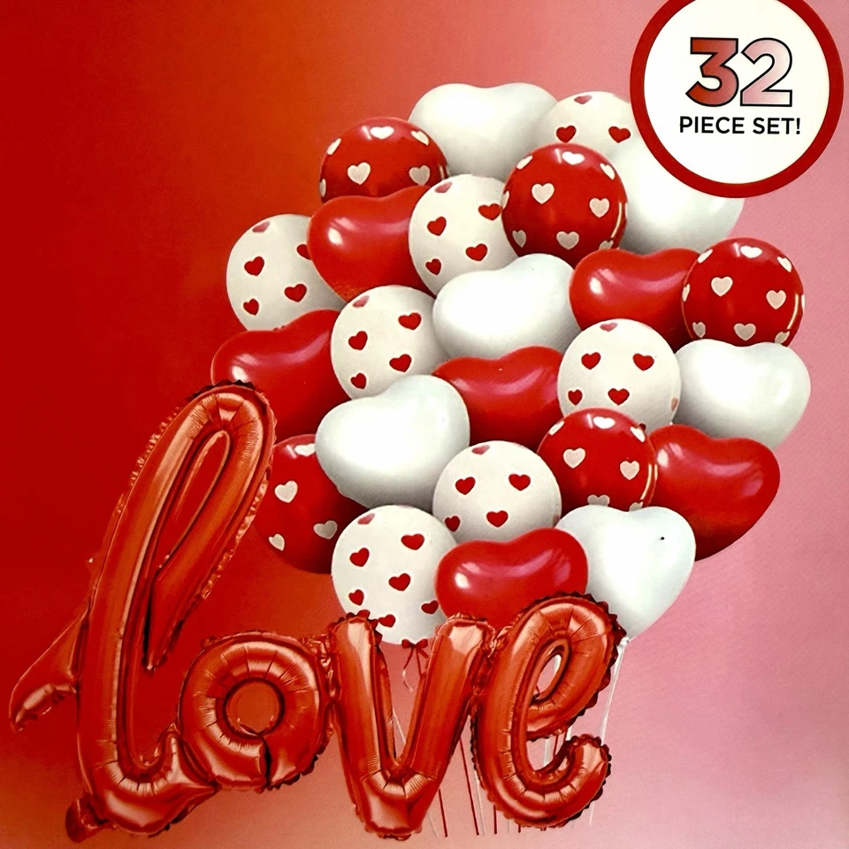 LOVE Party Pack Heart Kit Aluminum, Latex Balloons & Red/White Ribbons New